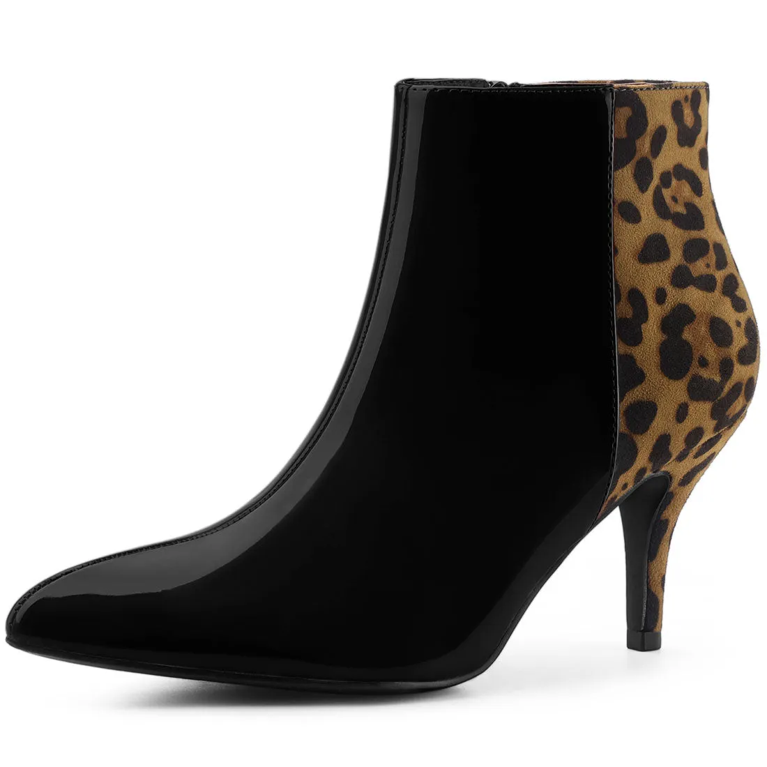 Contrast Color Leopard Print Stiletto Heel Ankle Boots