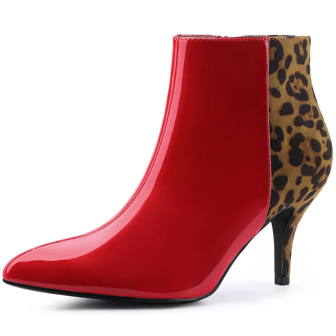 Contrast Color Leopard Print Stiletto Heel Ankle Boots