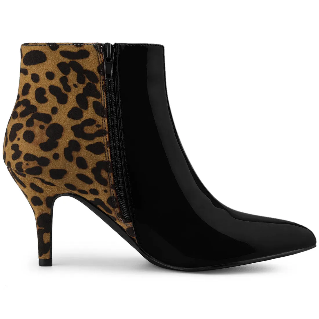 Contrast Color Leopard Print Stiletto Heel Ankle Boots