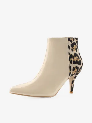 Contrast Color Leopard Print Stiletto Heel Ankle Boots
