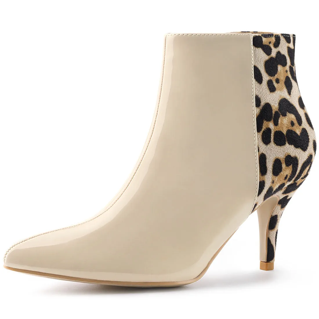 Contrast Color Leopard Print Stiletto Heel Ankle Boots