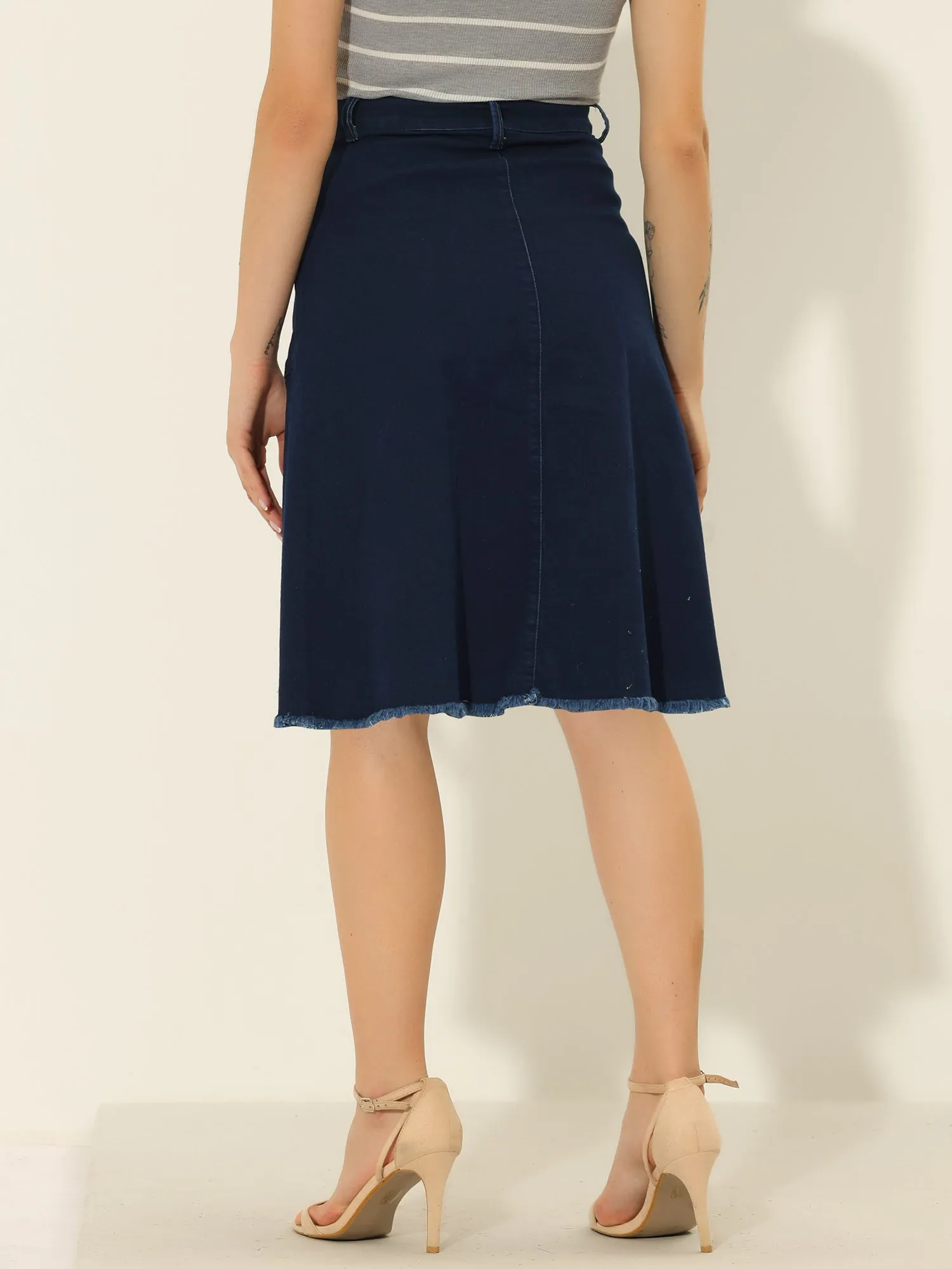 Denim Raw Hem Button Down Midi Jeans Skirt