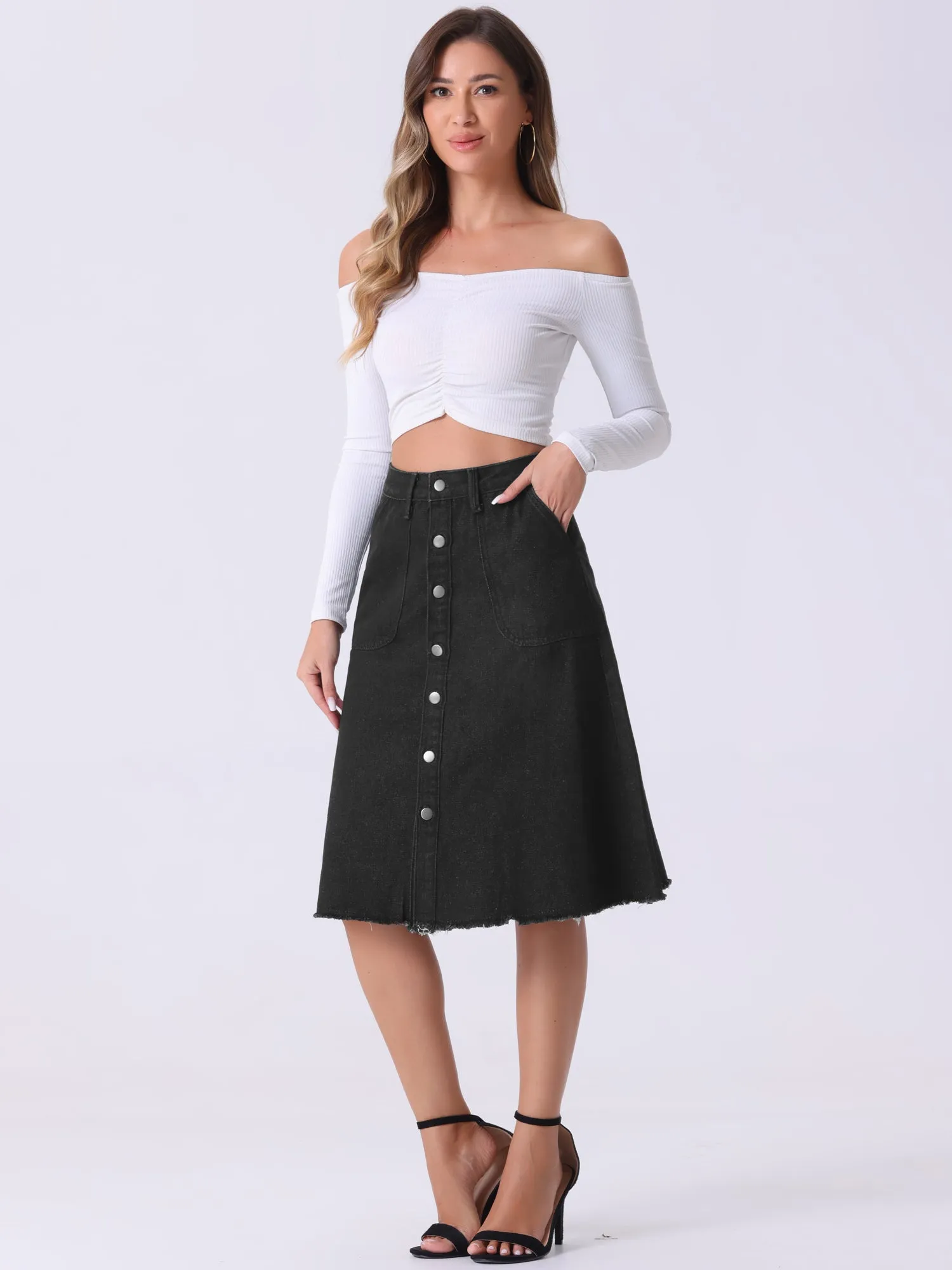 Denim Raw Hem Button Down Midi Jeans Skirt