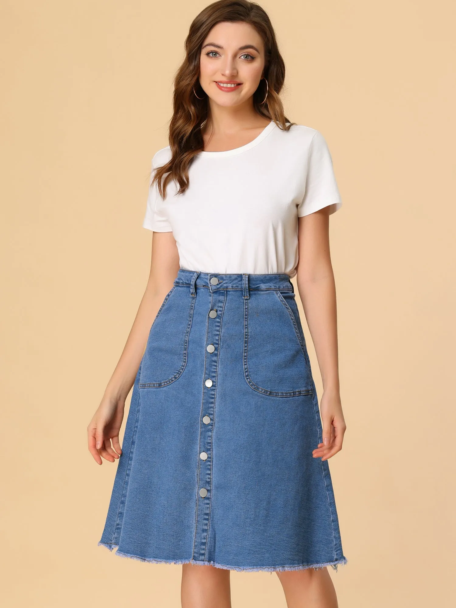 Denim Raw Hem Button Down Midi Jeans Skirt