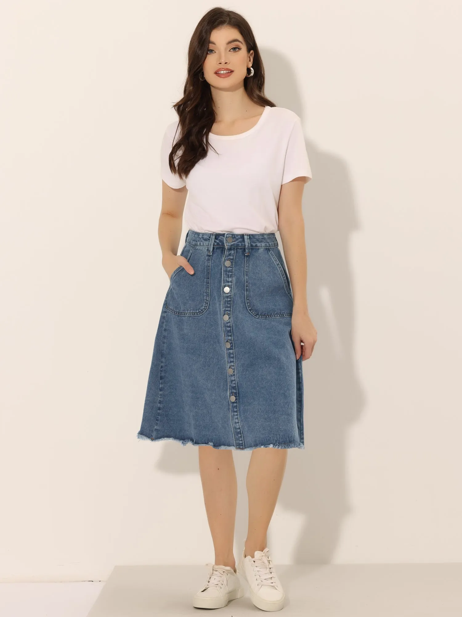 Denim Raw Hem Button Down Midi Jeans Skirt