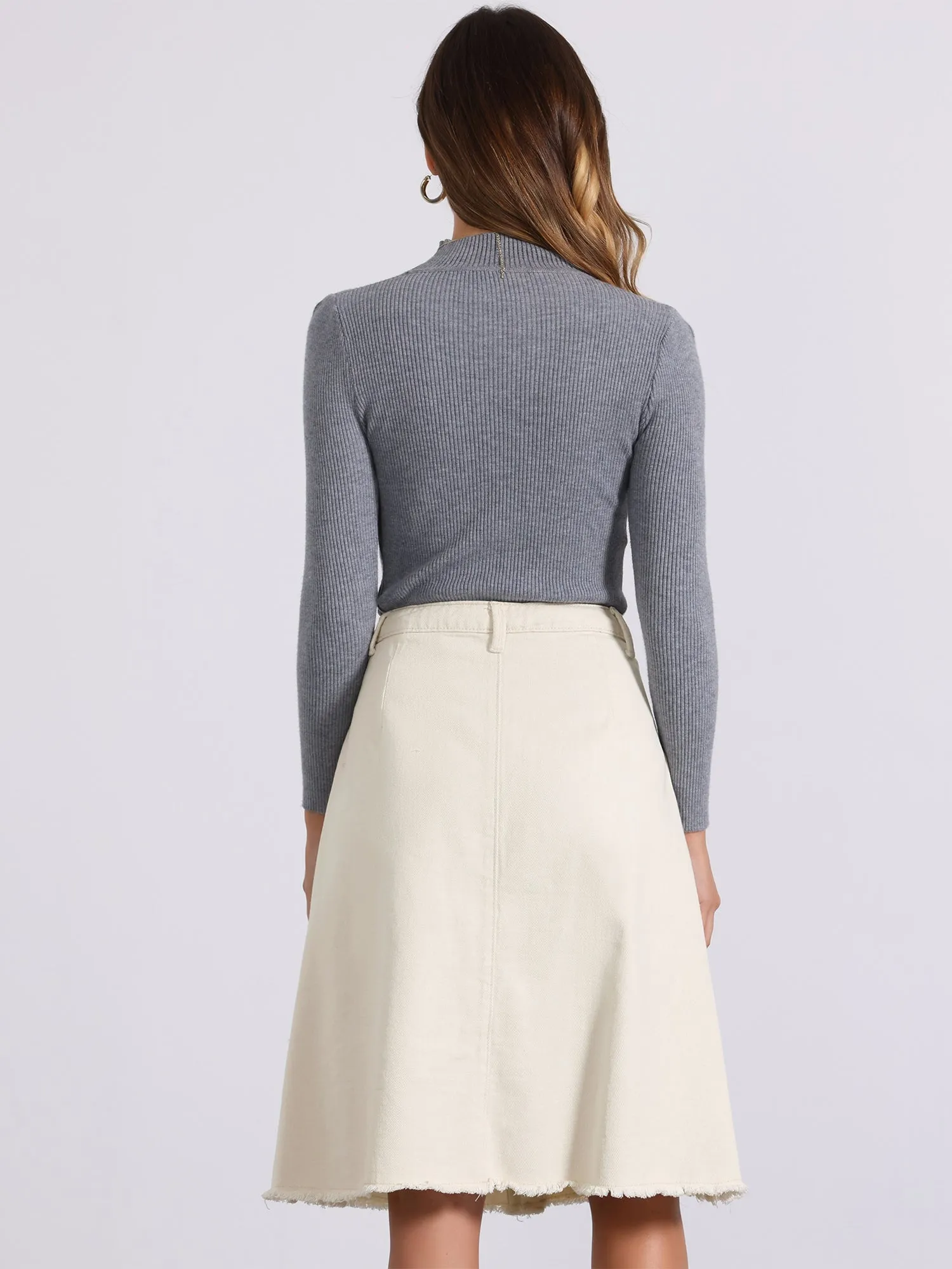 Denim Raw Hem Button Down Midi Jeans Skirt