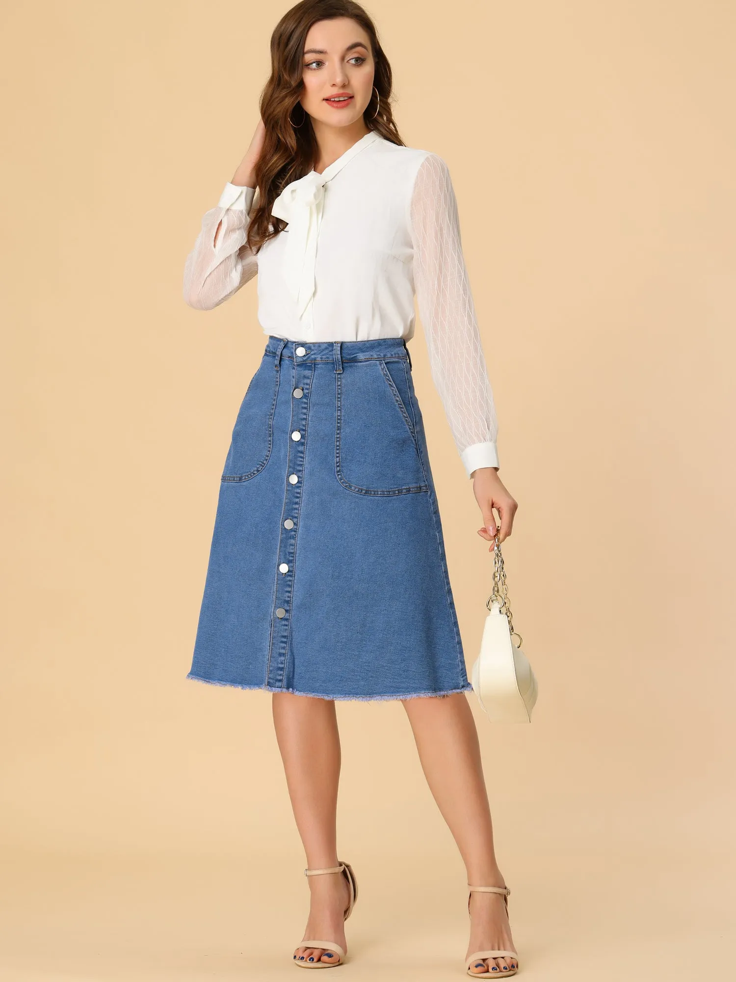 Denim Raw Hem Button Down Midi Jeans Skirt
