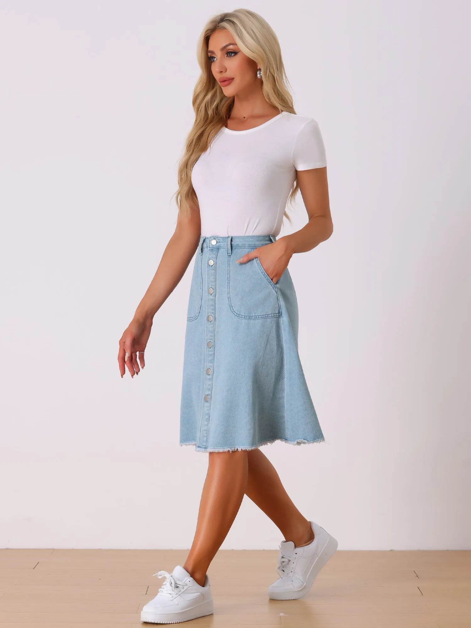 Denim Raw Hem Button Down Midi Jeans Skirt
