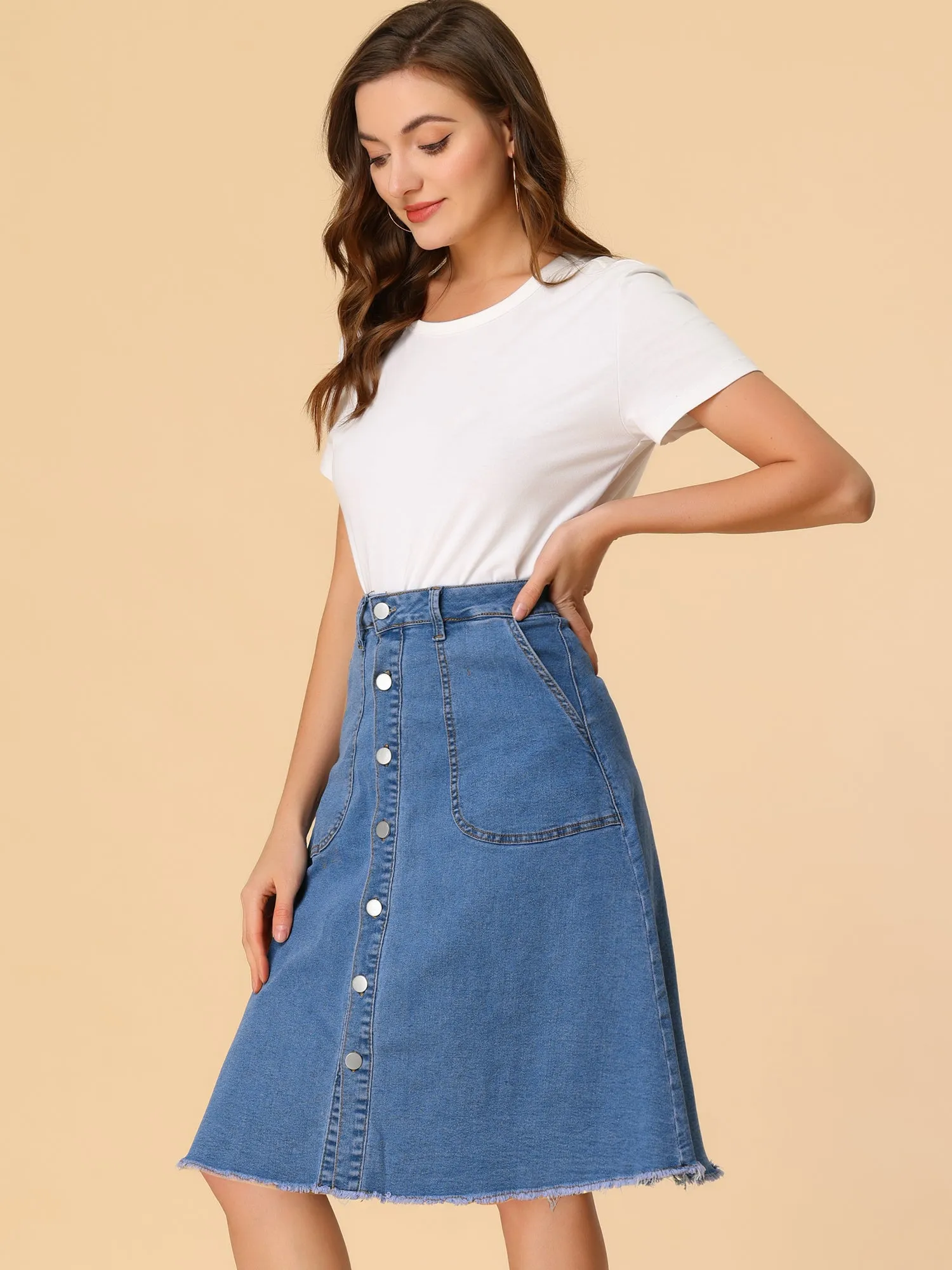 Denim Raw Hem Button Down Midi Jeans Skirt