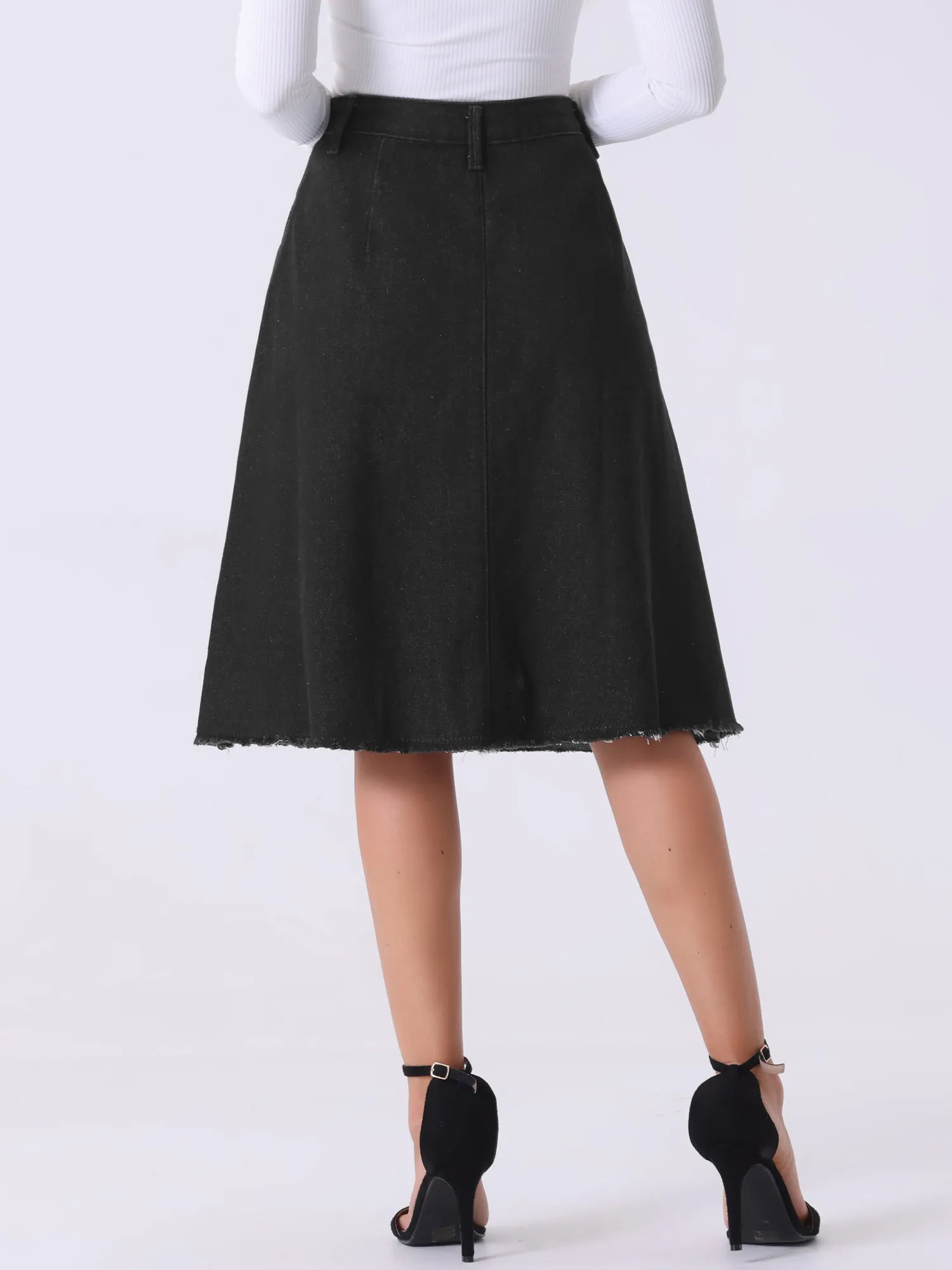 Denim Raw Hem Button Down Midi Jeans Skirt