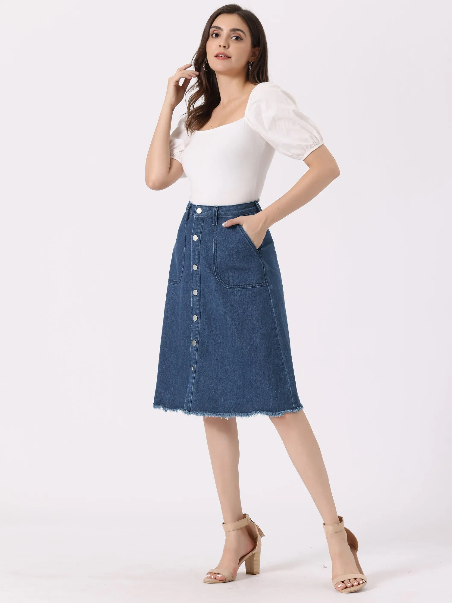 Denim Raw Hem Button Down Midi Jeans Skirt