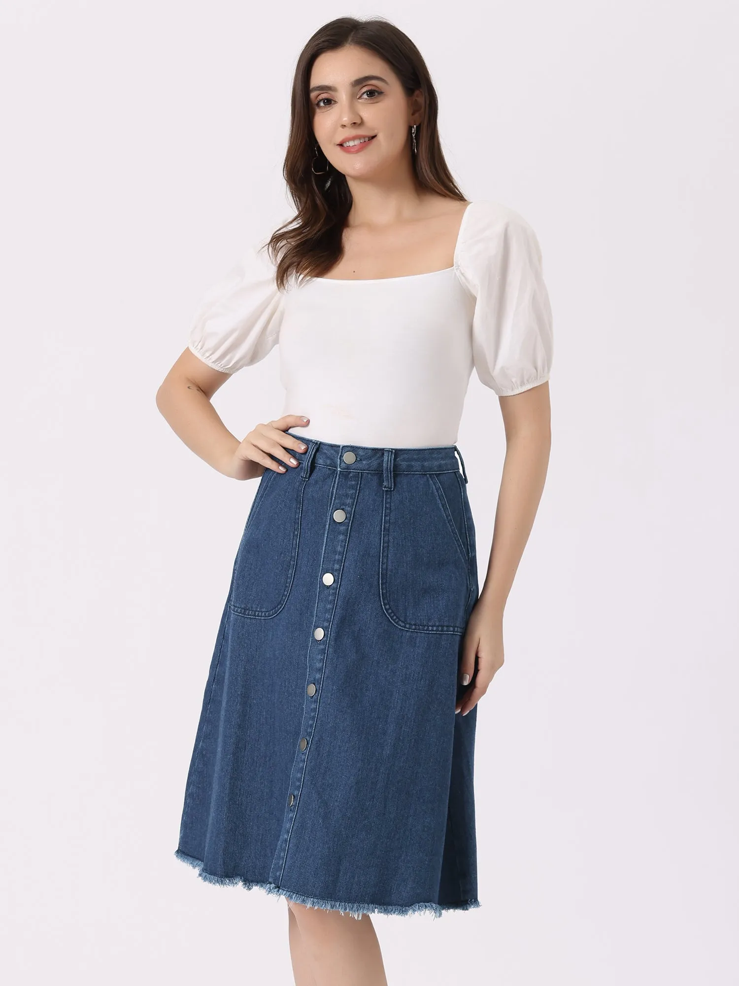 Denim Raw Hem Button Down Midi Jeans Skirt