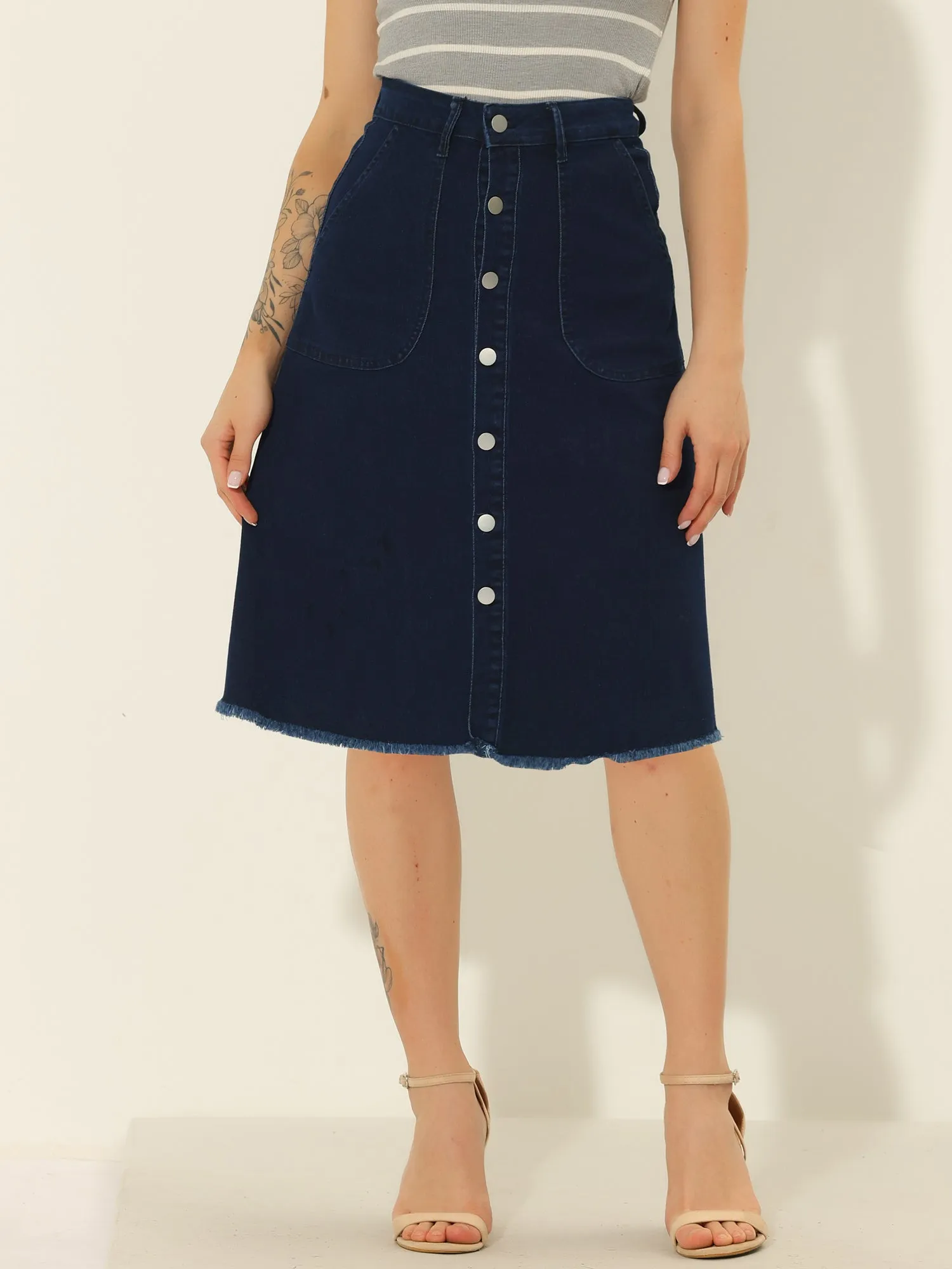 Denim Raw Hem Button Down Midi Jeans Skirt