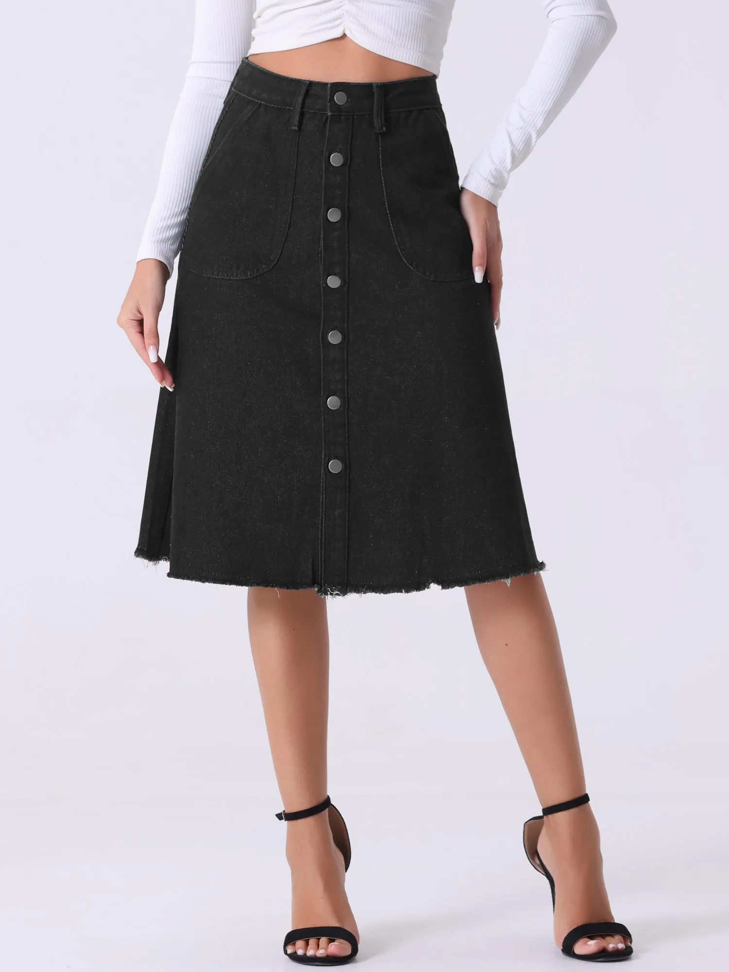 Denim Raw Hem Button Down Midi Jeans Skirt