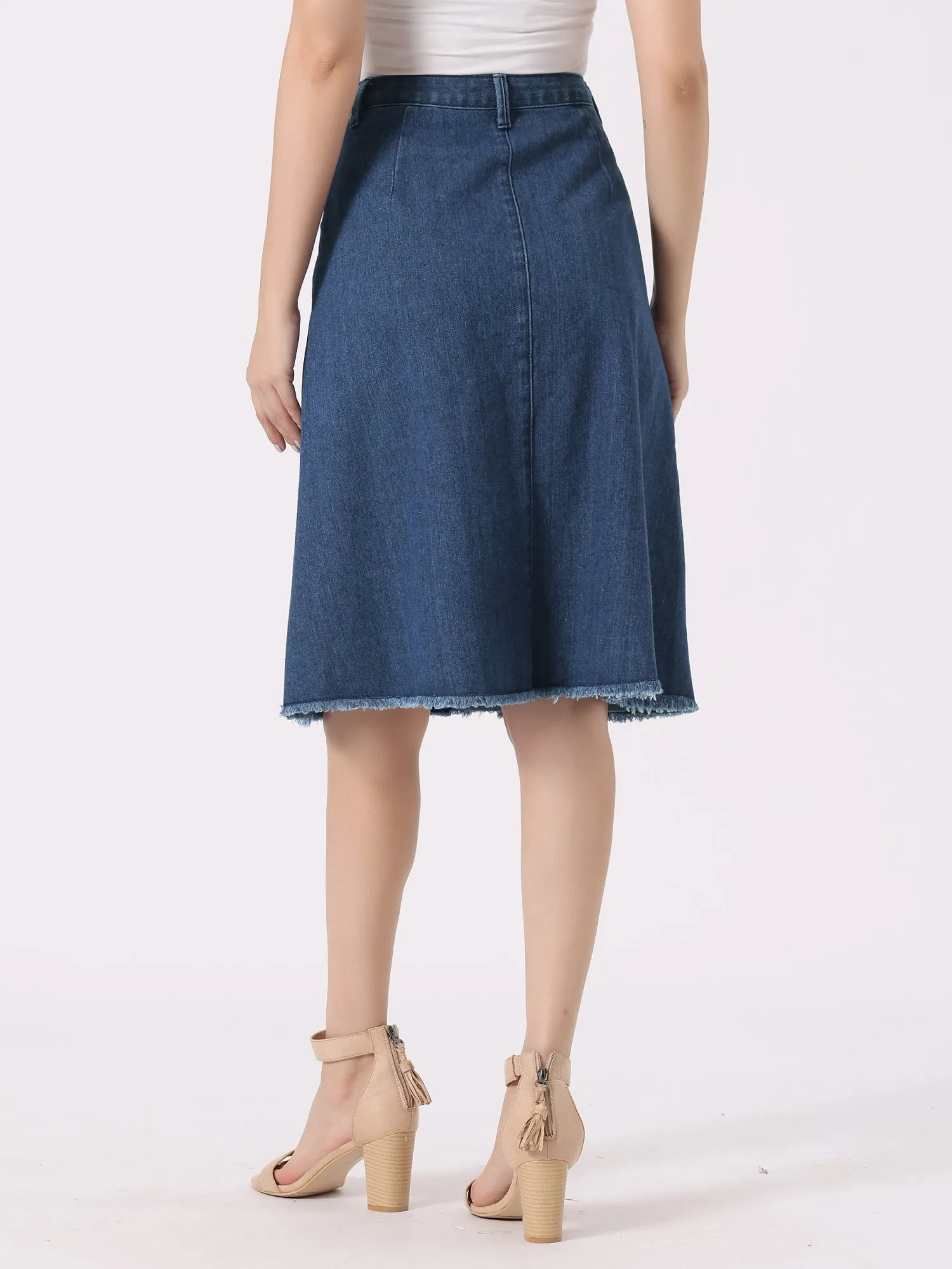 Denim Raw Hem Button Down Midi Jeans Skirt