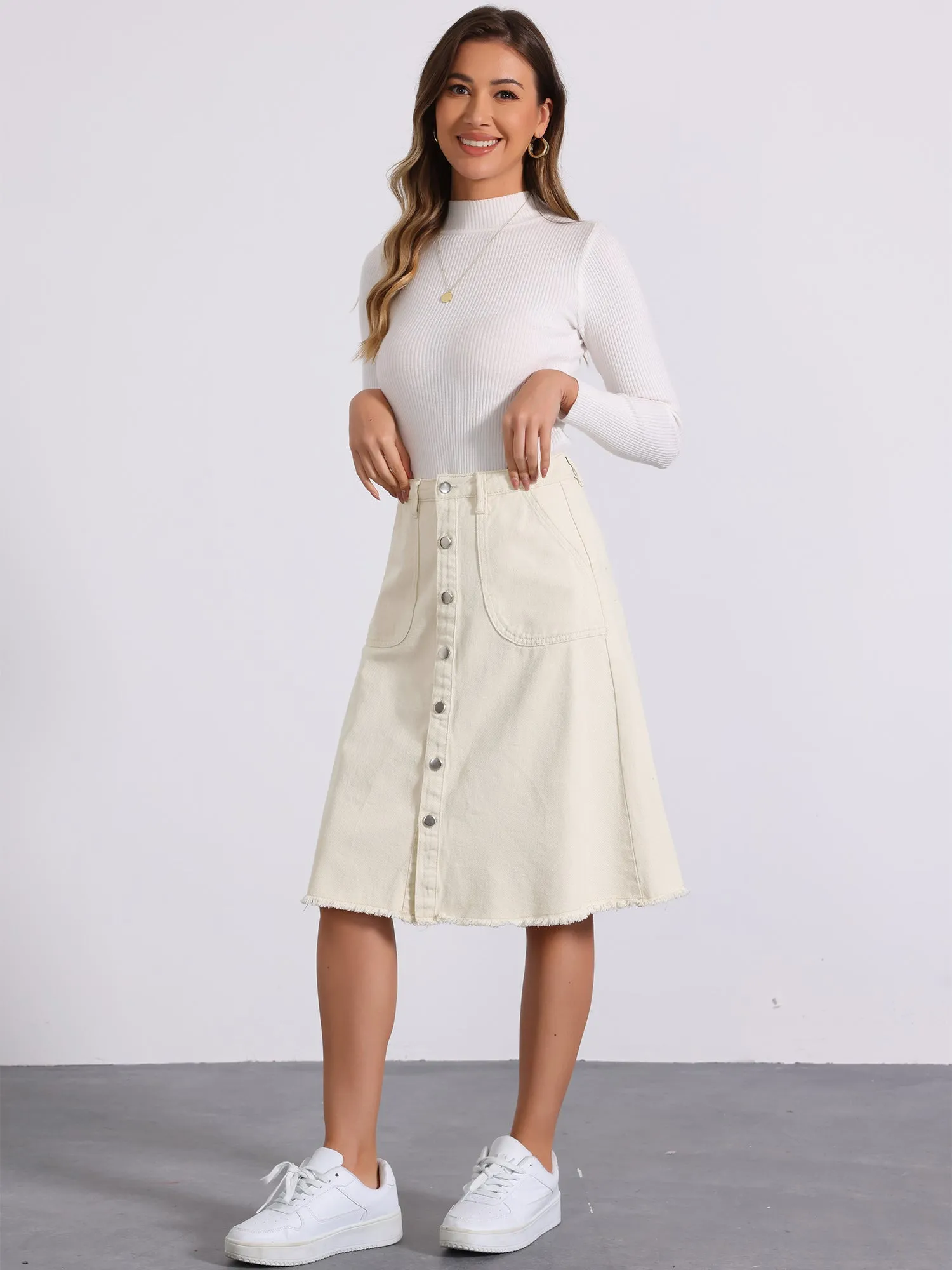 Denim Raw Hem Button Down Midi Jeans Skirt