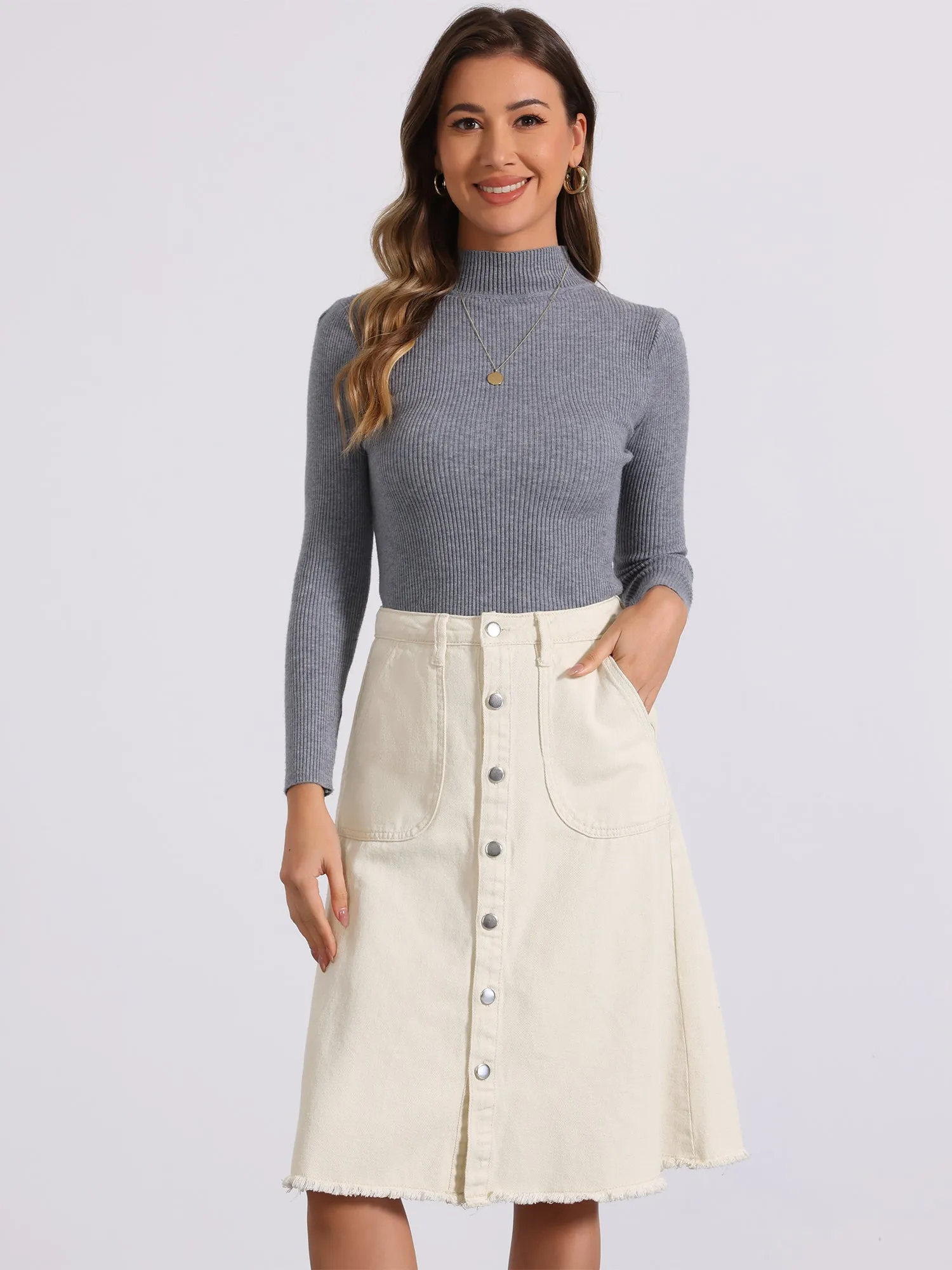 Denim Raw Hem Button Down Midi Jeans Skirt