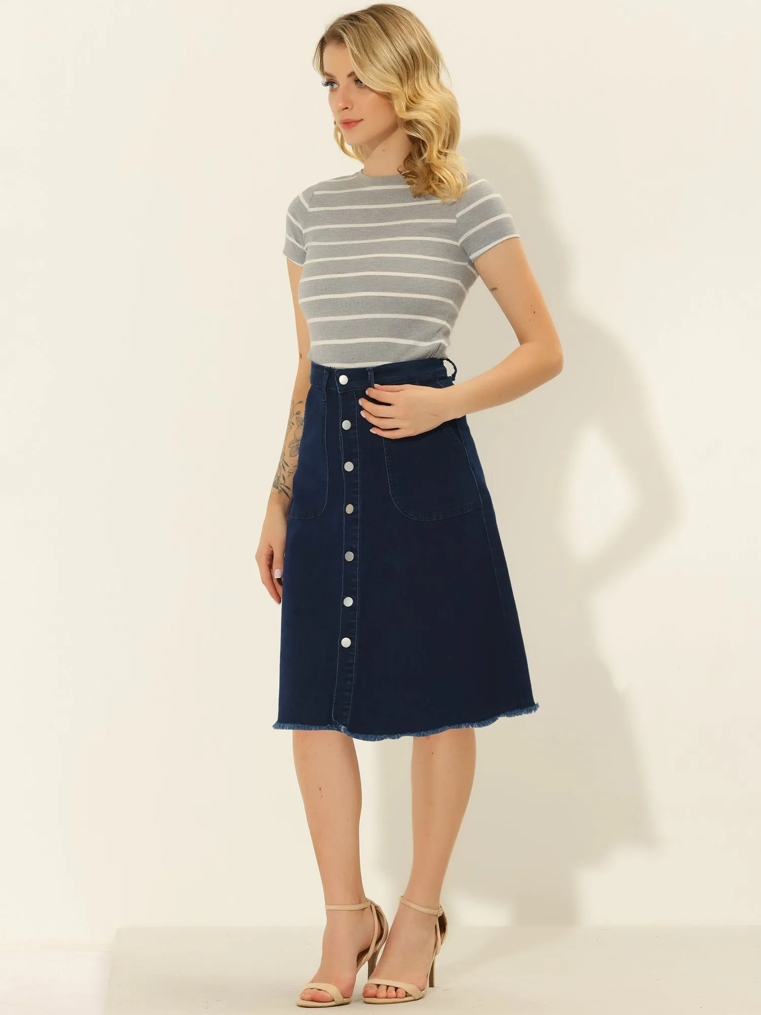 Denim Raw Hem Button Down Midi Jeans Skirt