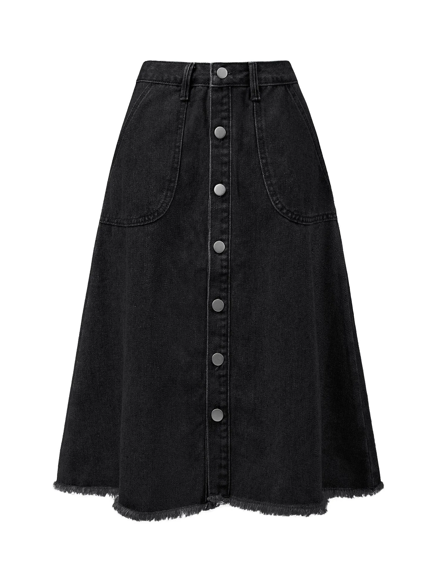 Denim Raw Hem Button Down Midi Jeans Skirt