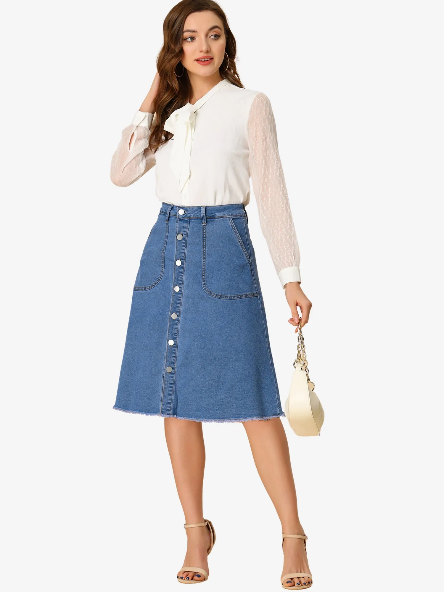 Denim Raw Hem Button Down Midi Jeans Skirt