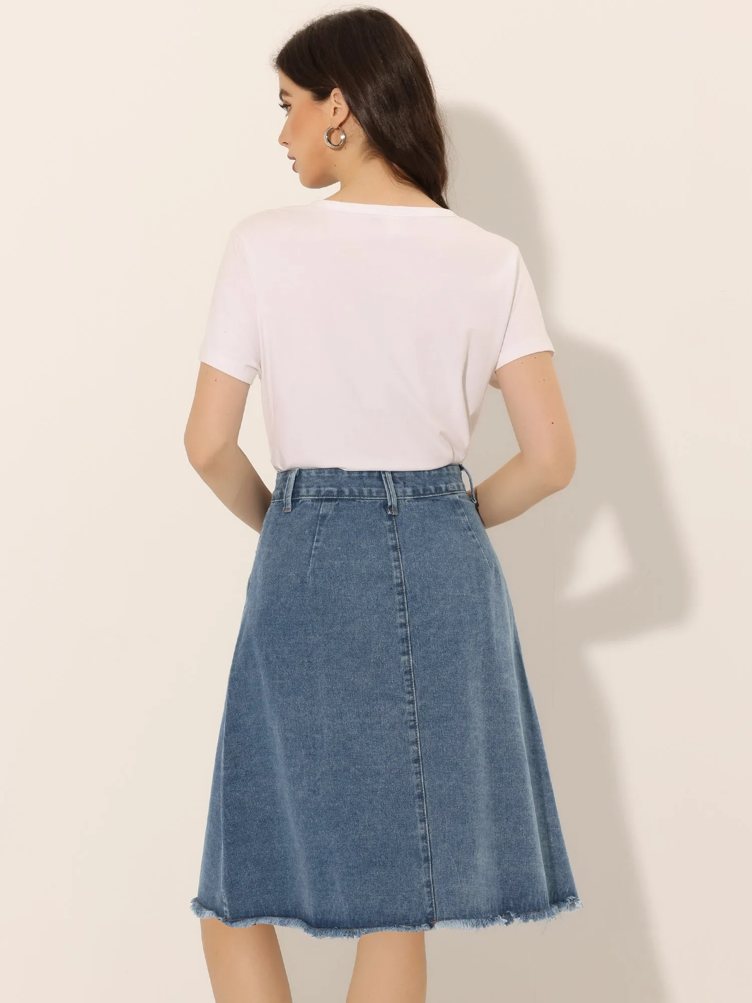 Denim Raw Hem Button Down Midi Jeans Skirt