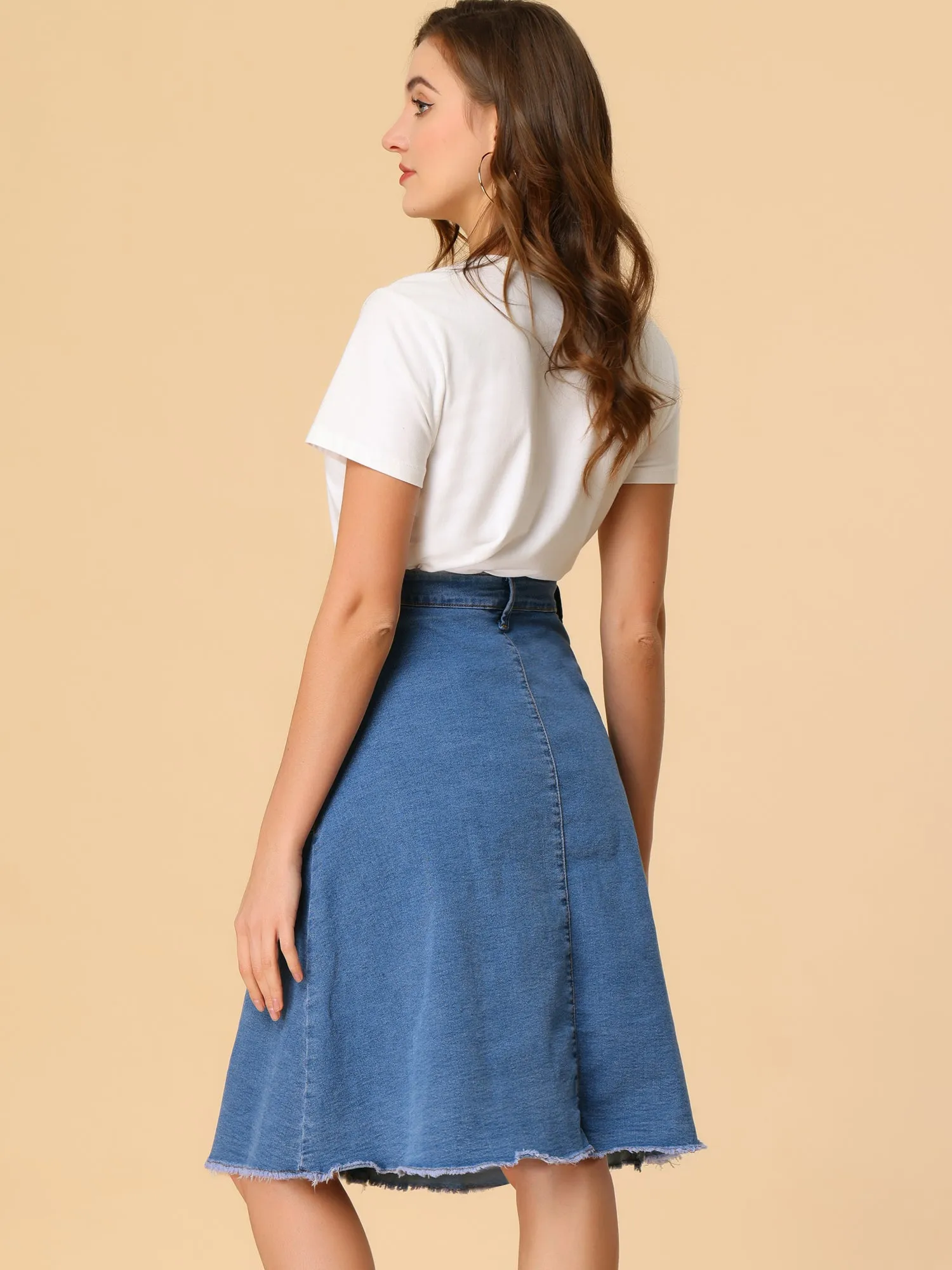 Denim Raw Hem Button Down Midi Jeans Skirt