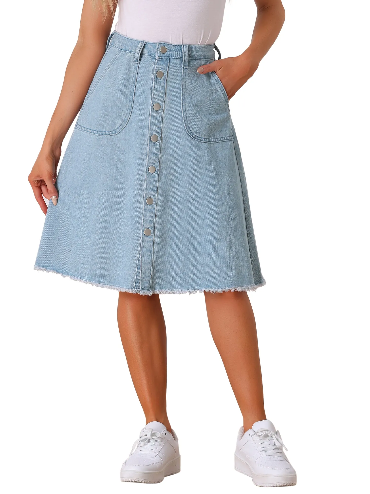 Denim Raw Hem Button Down Midi Jeans Skirt