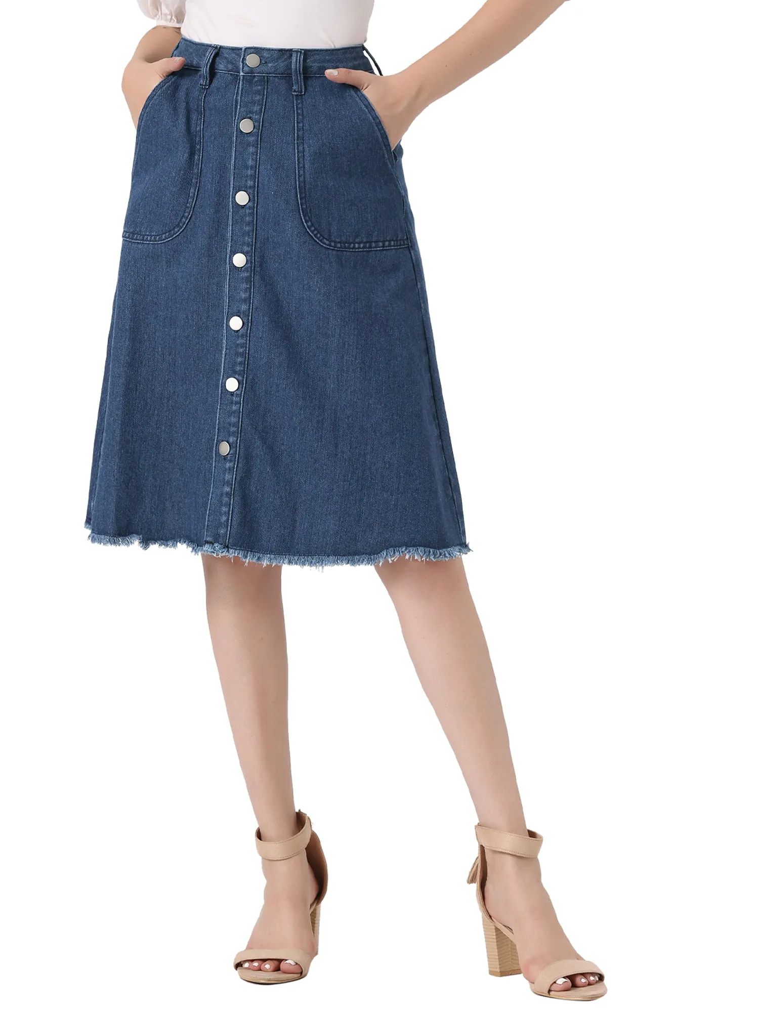 Denim Raw Hem Button Down Midi Jeans Skirt