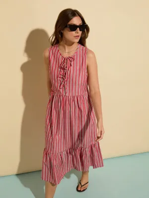 Devi Organic Cotton Tie Midi Dress | Crimson & White Stripe