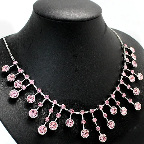 Light Rose Crystal with Shiny Chrome Plating Tassel Necklace Set