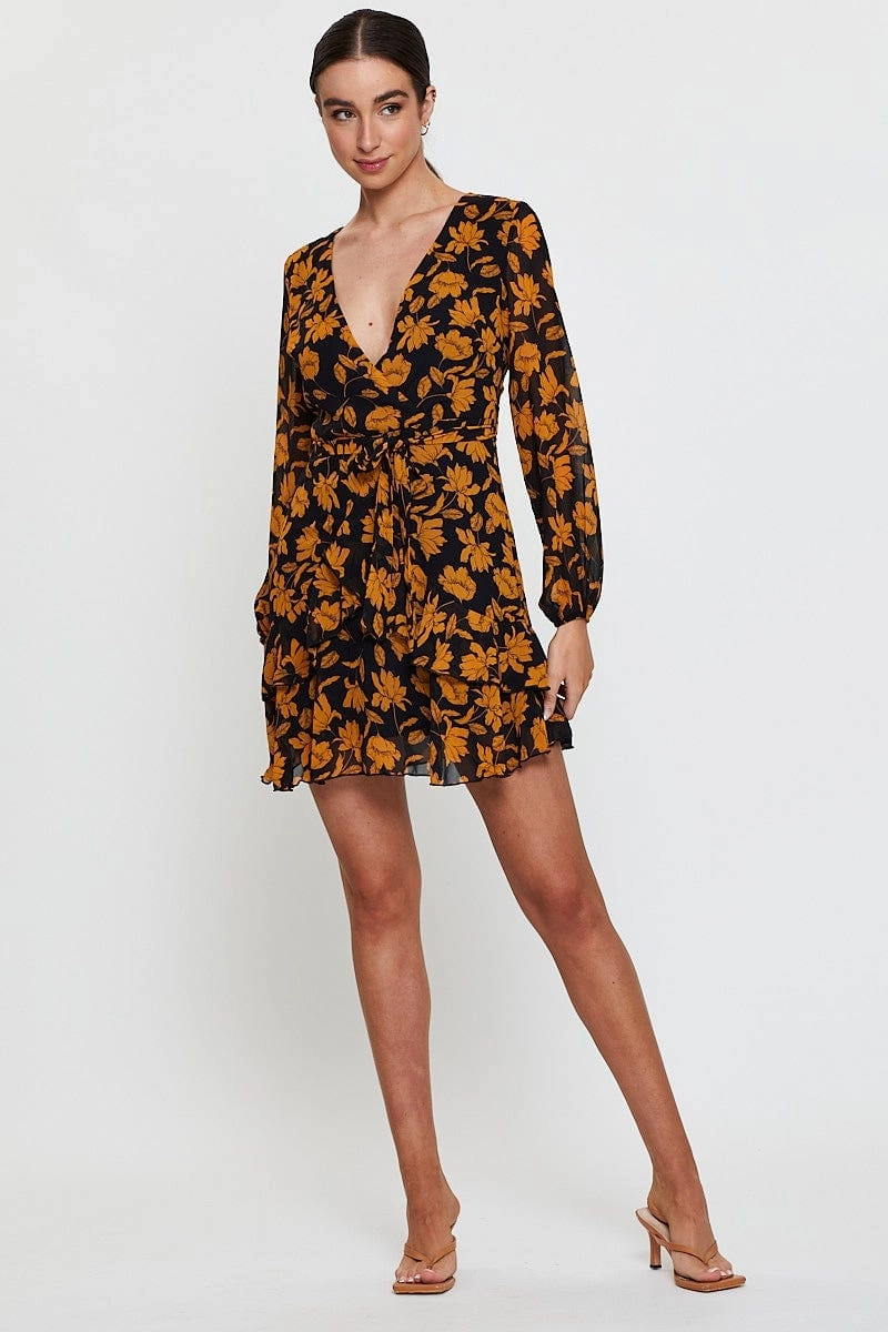 Print Mini Dress Long Sleeve Evening
