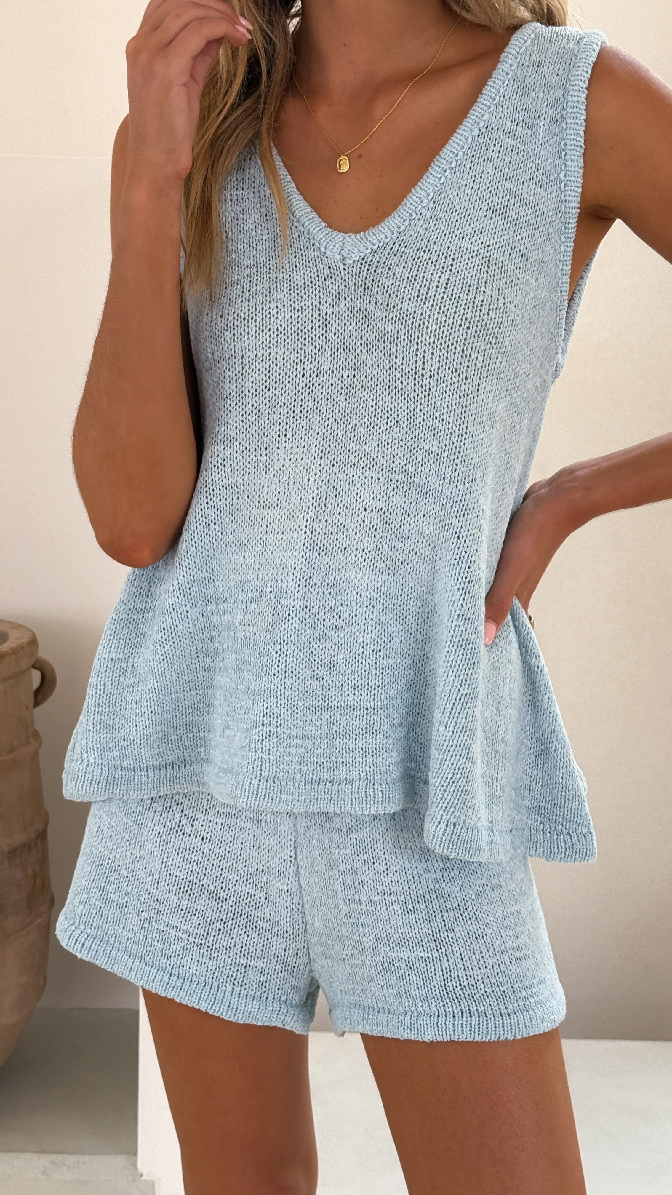 Summer Knit Top and Shorts Set - Light Blue