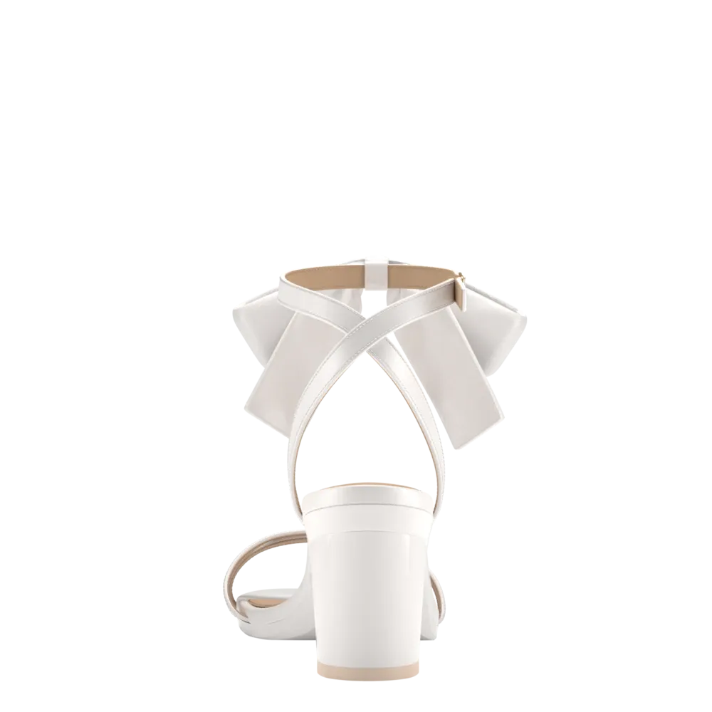 The Brynn White Satin Bow   Block Heel Kit 3 White - FINAL SALE