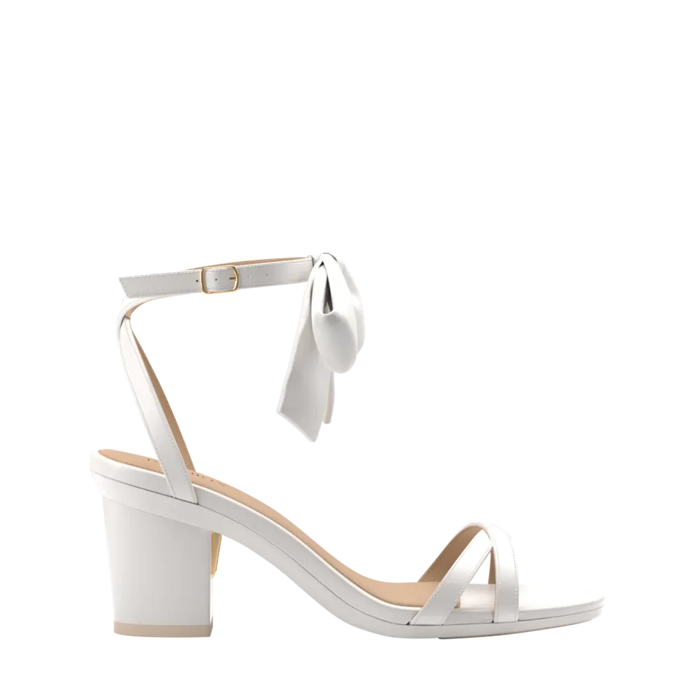 The Brynn White Satin Bow   Block Heel Kit 3 White - FINAL SALE