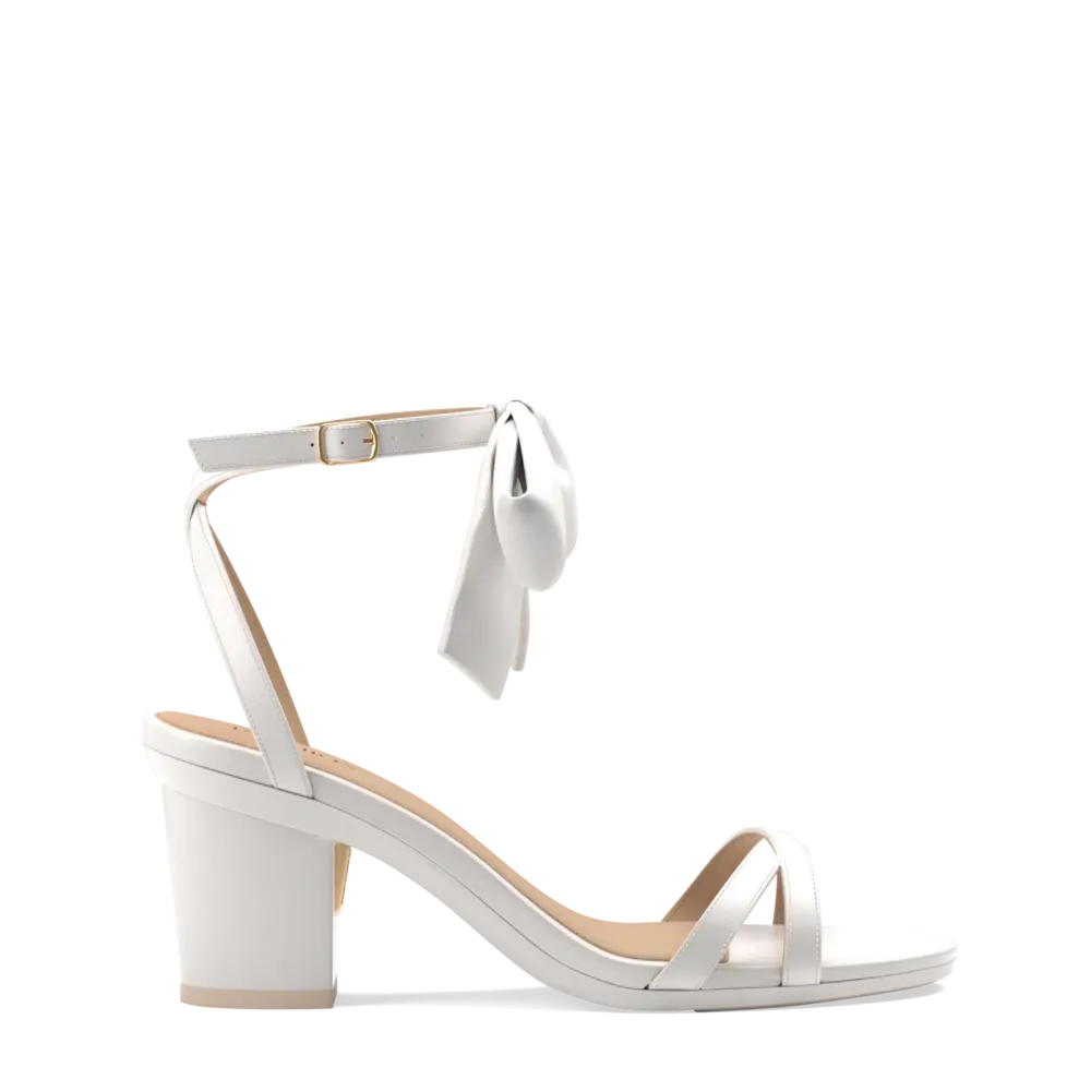 The Brynn White Satin Bow   Block Heel Kit 3 White - FINAL SALE