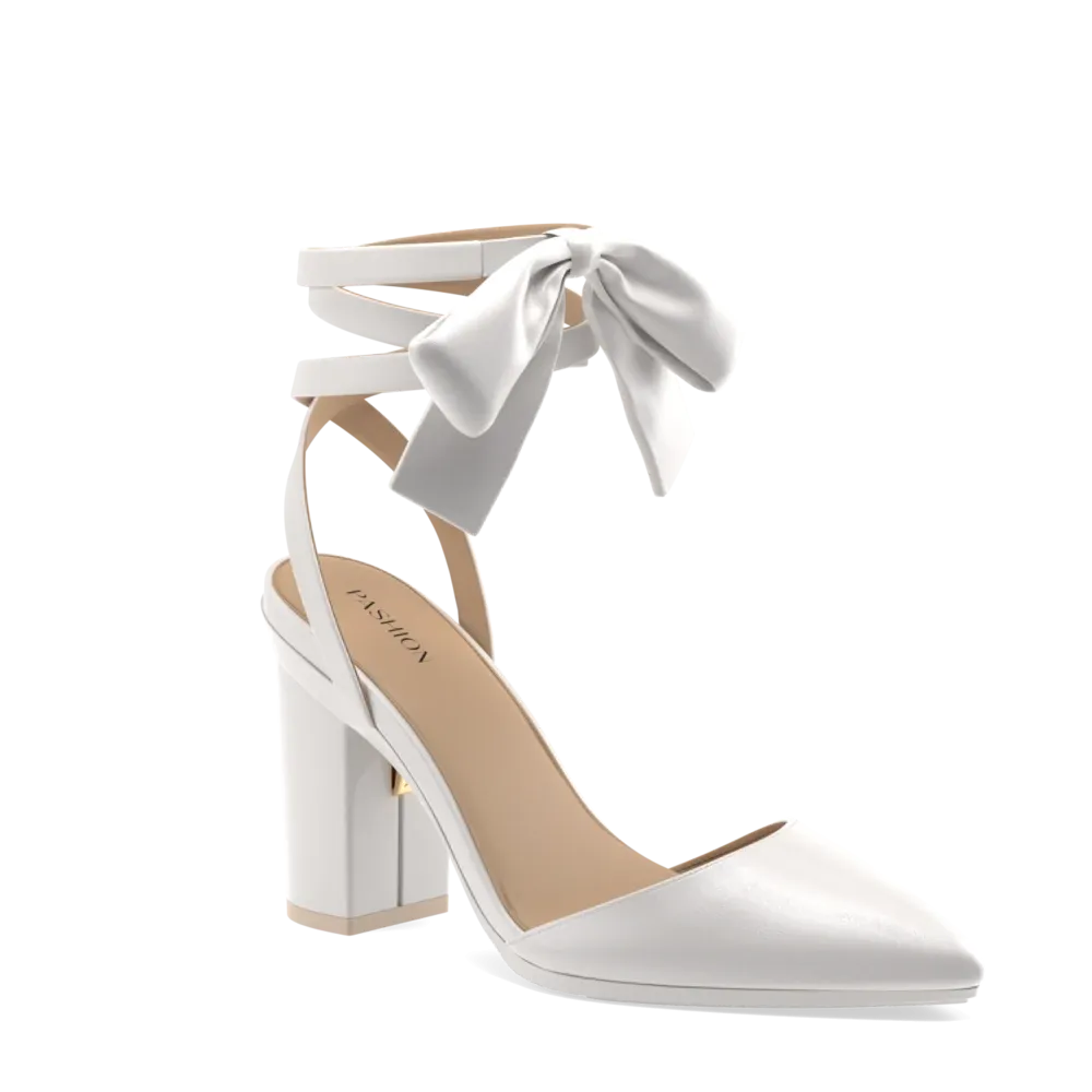 The D'Orsay - White Satin Bow   Block Heel Kit 4 White - FINAL SALE