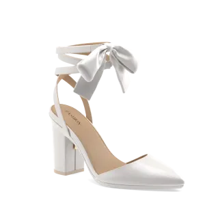 The D'Orsay - White Satin Bow   Block Heel Kit 4 White - FINAL SALE