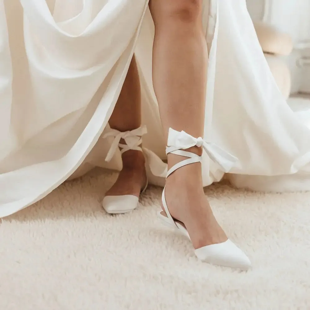 The D'Orsay - White Satin Bow   Block Heel Kit 4 White - FINAL SALE