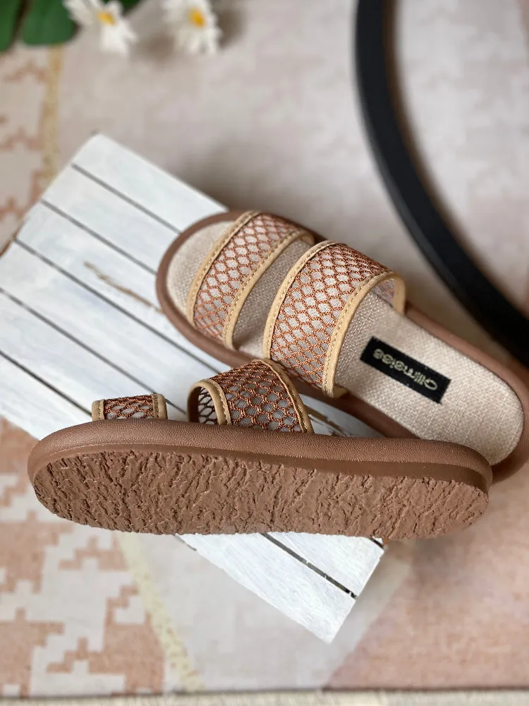 Women Summer Linen One-Strap Open-Toe Flat Slippers