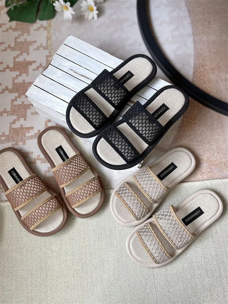 Women Summer Linen One-Strap Open-Toe Flat Slippers